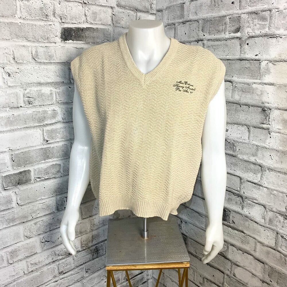 Vintage 90s Sweater Vest Beige 100% Cotton V-Neck 1997 Pro-Am Golf Cardigan